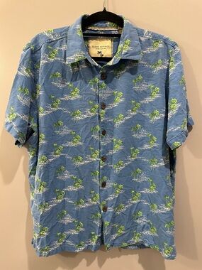 Island Republic Vintage Collection 100% Silk Palm Tree Button Up Size XL Blue